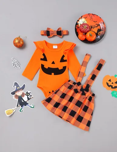 Vista 7 de Conjunto de ropa de Halloween para recién nacido, con volantes, tirantes, calabaza, murciélago, fantasma, falda con diadema