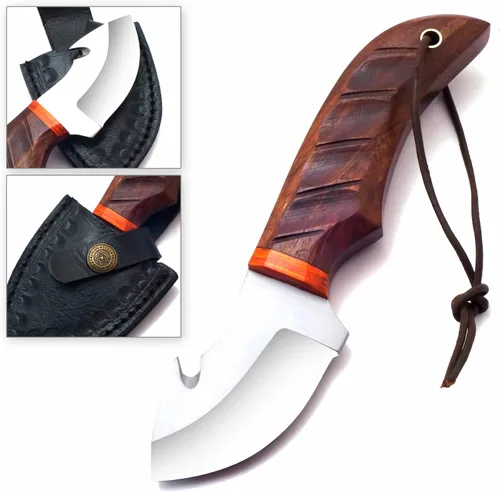 Vista 3 de AR - Cuchillo desollador hecho a mano de 7 pulgadas con gancho intestinal, cuchillo de caza de alta calidad, cuchillos hechos a mano