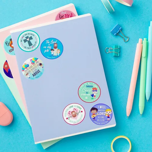 Vista 2 de Rollo de calcomanías con versículo bíblico, calcomanías religiosas para niños, manualidades de escuela dominical, suministros de estudio bíblico