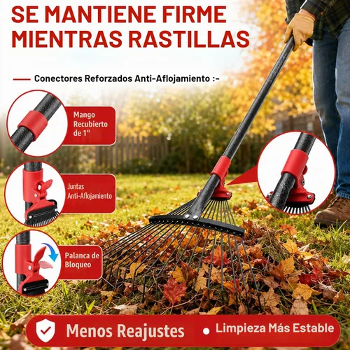 Vista 3 de Rastrillo ajustable para hojas de jardín, rastrillo de hojas de metal resistente de 58 pulgadas con cabeza expandible (8 a 17 pulgadas), rastrillos
