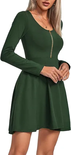 Vista 4 de Umenlele Vestido corto de manga larga con cuello redondo para mujer, estilo casual, fluido, con vuelo, corto