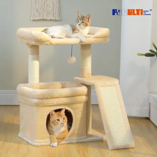 Vista 7 de PEQULTI Árbol para gatos pequeños a medianos: bonita torre para gatos beige con amplia percha acolchada, condominio privado y poste rascador