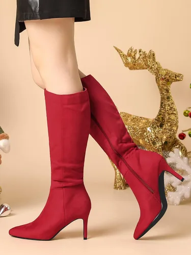 Vista 2 de Allegra K Botas altas hasta la rodilla con tacón de aguja puntiagudo para mujer