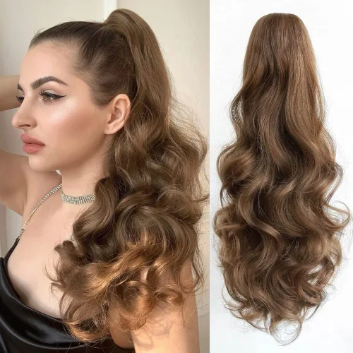 Vista 24 de Extensión de cola de caballo de garra negra natural ondulada de 16 pulgadas, extensiones de cabello sintético rizado con clip, extensiones