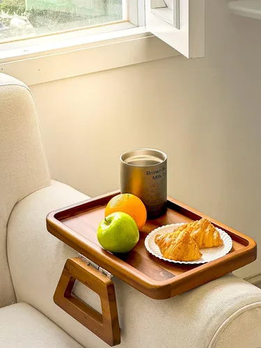 Vista 6 de Tinamo Mesa de brazo de acacia de 13.75 x 9.5 pulgadas, bandeja de brazo de sofá de madera, mesa de reposabrazos para sofá, bandeja de reposabrazos