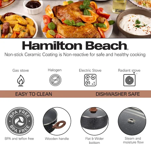 Vista 6 de Hamilton Beach Revestimiento de mármol antiadherente de 3 cuartos de galón con calefacción uniforme, olla de horno holandés redonda con tapa