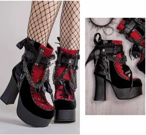 Vista 6 de MSYINGL Botas de plataforma para mujer, botas de tobillo gruesas con cremallera lateral, con cadena y corbatín, botas góticas punk de moda