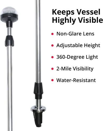 Vista 2 de SeaSense Luz de popa telescópica de 26 a 48 pulgadas - Rango de 2 millas náuticas - Luz cromada ajustable y plegable para barcos, kayaks, canoas