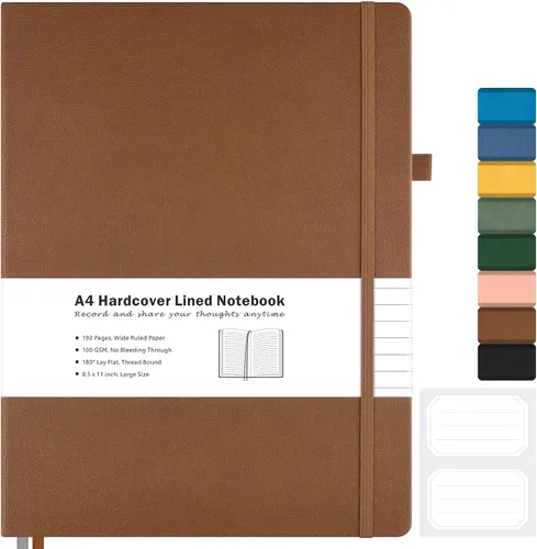 Vista 17 de Cuaderno con rayas universitarias, cuaderno de cuero de tapa dura A4 para el trabajo, cuaderno diario rayado para mujeres, hombres, 192 páginas