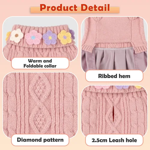 Vista 3 de YUDODO Small Dog Sweater Dress with Bowtie Turtleneck - Knitted Pet Clothes Dusty Pink