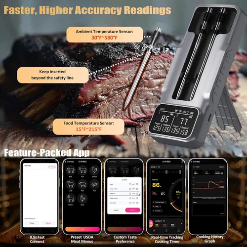 Vista 9 de Termómetro inalámbrico de doble sonda para carne, para asar a la parrilla, ahumar, barbacoa, termómetro inteligente habilitado con Bluetooth con 2