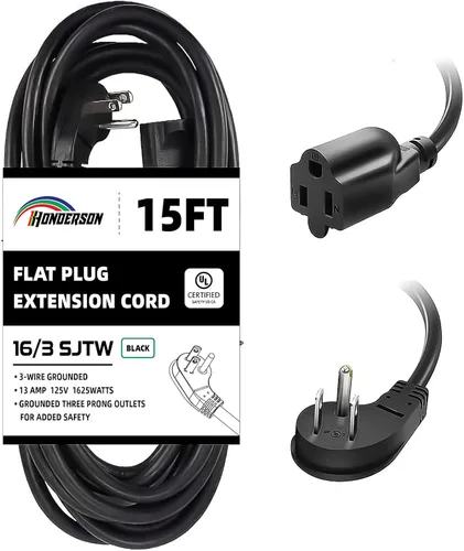 Vista 26 de Cable de extensión de enchufe plano para interiores, certificación UL, calibre 14, 3 pies, negro, 3 clavijas, resistente, cable de alimentación SJTW