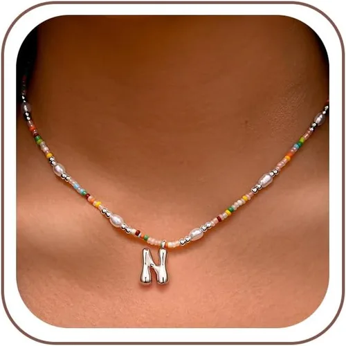 Vista 15 de Ritach - Regalos de Navidad para nietas, adolescentes y niñas, collar con inicial de perlas de colores claros, collar con dije de burbuja dorada