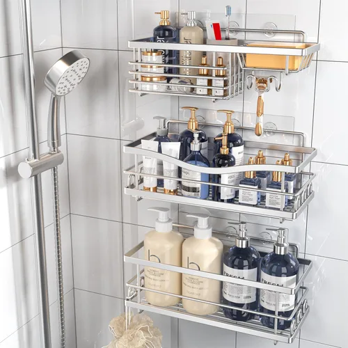 Vista 8 de Youvip Organizador de ducha adhesivo sin taladro, organizador de baño con soporte para jabón, estantes inoxidables de gran capacidad para ducha