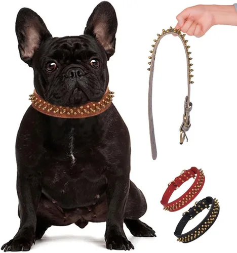 Vista 2 de Collar de perro con tachuelas, ajustable de cuero suave para cachorros para perros pequeños y medianos, bulldog pitbull, mastín caniche boxeador