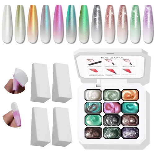 Vista 9 de Paleta de Esmalte de Uñas en Gel Sponge Pat, 12 Colores para Mezclar Ombré Degradado, Pintura Degradada para Arte de Uñas, Sin Limpieza, Curado