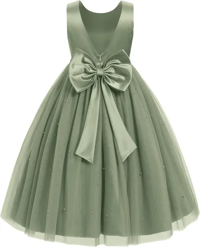 Vista 8 de IBTOM CASTLE Vestido de niña de las flores, vestido de princesa de tul con Verde oscuro