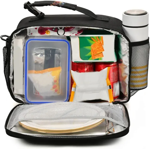 Vista 2 de Aslsiy Bolsa de almuerzo para mujer, diseño de arcoíris, con diseño de mariposa, con diseño de corazones brillantes, con correa ajustable