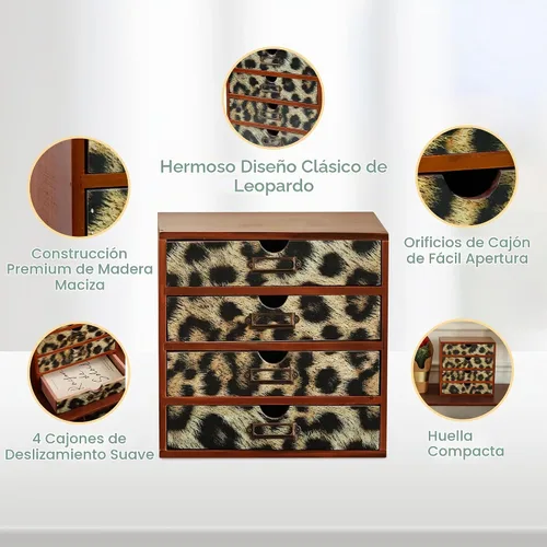 Vista 4 de Organizador de escritorio de madera con estampado de leopardo clásico - Almacenamiento de escritorio de 4 cajones - Gabinete de madera rústico