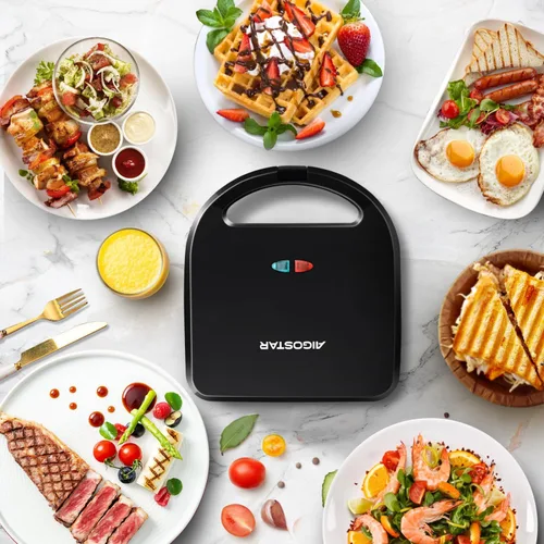 Vista 9 de Aigostar Sandwicherera, 3 en 1 Panini Press antiadherente Sandwichera Desayuno Queso a la parrilla, Tostadora de Pan de Acero Inoxidable