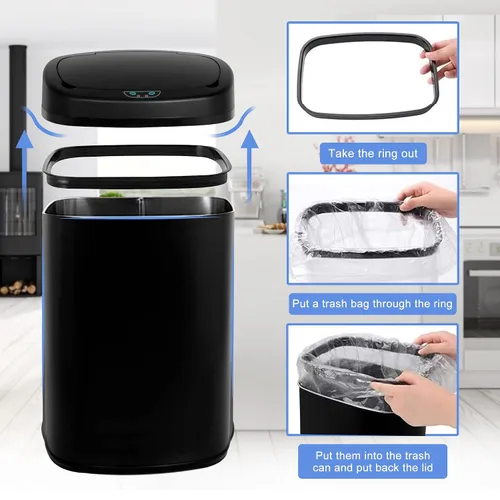 Vista 5 de Bote de basura automático de 13 galones, con sensor de movimiento y sin tacto, de acero inoxidable cepillado con tapa, diseño silencioso, cubo