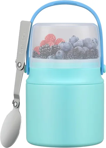 Vista 13 de Termo 2 en 1 para comida caliente con contenedor de aperitivos, contenedor de alimentos aislado de acero inoxidable de 20 onzas con asa y cuchara