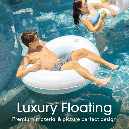 Vista 2 de FUNBOY Flotador inflable gigante de rayas azul claro con portavasos de 48 pulgadas Flotador grande para piscina para adultos Tubo