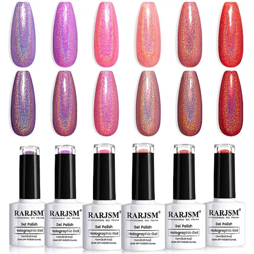 Vista 10 de RARJSM Juego de esmaltes de gel holográfico, color verde turquesa, kit de esmalte de uñas de gel con purpurina, colección de verano, 6