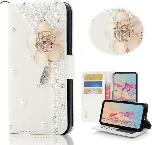 Vista 10 de Bling Wallet - Funda de piel compatible con Google Pixel 6a, elegante, 3D, hecha a mano, diseño floral, diseño floral, con correa para el cuello