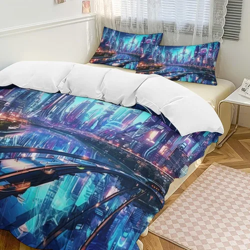 Vista 19 de Art Duvet Cover Full Size, Ultra Soft Microfiber Night Scenery Bedding Set, 3 Pieces City View Pattern Comforter Cover Set with Zipper Closure