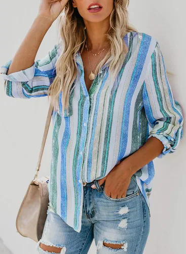 Vista 4 de Astylish - Blusa con cuello en V, rayas, mangas enrollables y botones para mujer