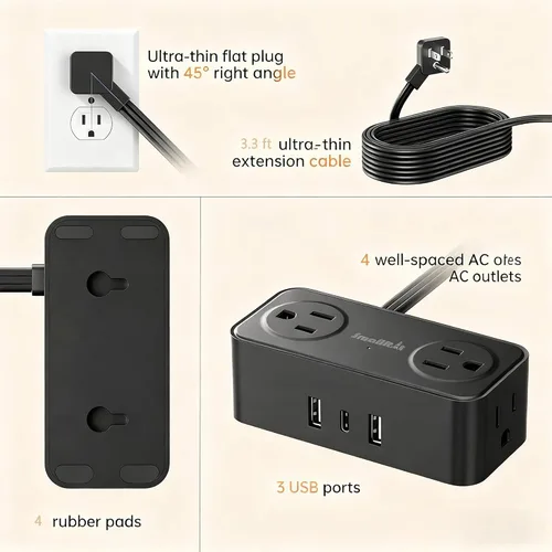 Vista 6 de SMALLRT - Regleta de alimentación con USB, cable de extensión plano de 2 piezas con múltiples tomas, barra de alimentación de enchufe plano de 3.3