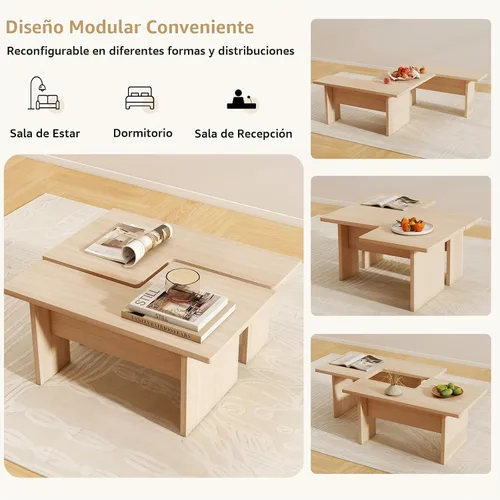 Vista 4 de Giantex Juego de 2 mesas de centro en forma de L, mesa central modular anidable con acabado de grano, mesas modernas de sala de estar de mediados