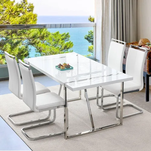 Vista 8 de Conjunto de mesa de comedor blanco Ebullient para 4, mesa rectangular de MDF y sillas de comedor de cuero sintético negro, juego de mesa de comedor