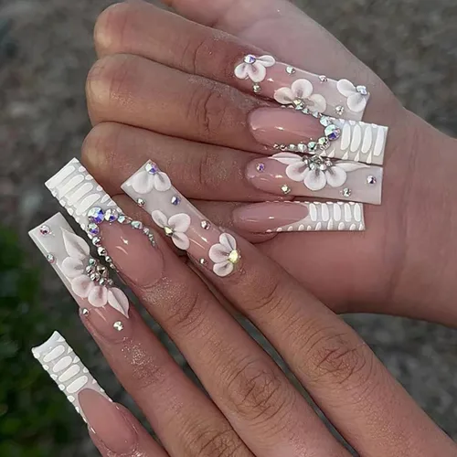 Vista 8 de 24 unidades de uñas postizas largas estilo ataúd CEWEWP con punta francesa marrón, uñas falsas rosas con pegamento, uñas falsas con diseños
