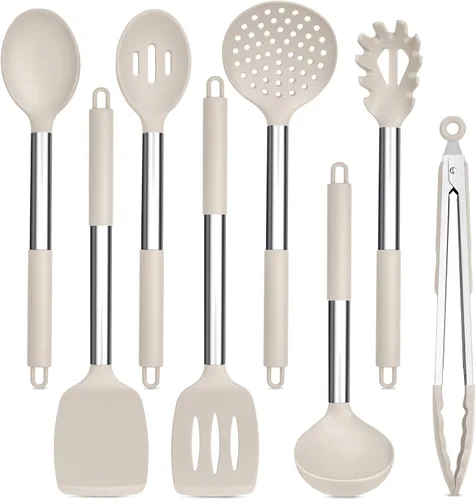 Vista 8 de TeamFar Juego de 8 utensilios de cocina, utensilios de cocina de silicona, con mango de acero inoxidable, para freír, servir, voltear y escurrir,