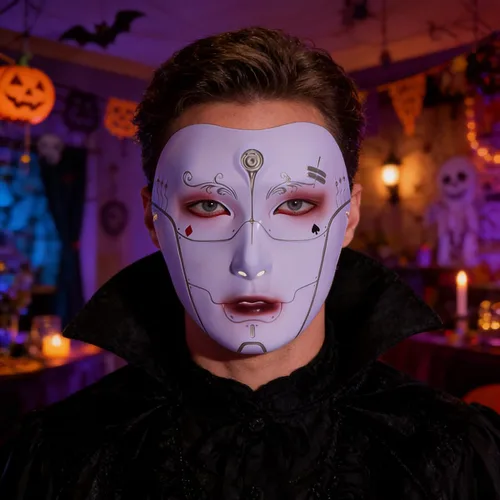 Vista 4 de Cyberpunk Poker Robot Mask for Teens & Adults (Ages 14+), White Mechanical Doll Mask with Playing Card Patterns Multicolor