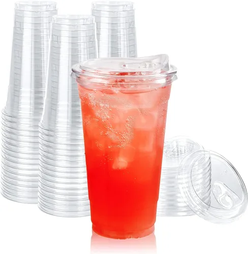 Vista 8 de Lilymicky Paquete de 60 Vasos de Plástico Transparente de 24 oz con Tapas para Sorber Sin Pajita, Desechables, para Café Helado, Batido, Granizado