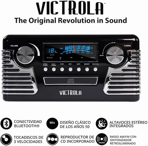 Vista 3 de Victrola Haley - Tocadiscos retro con Bluetooth y centro multimedia con altavoces integrados - Tocadiscos de 3 velocidades, reproductor de CD, radio