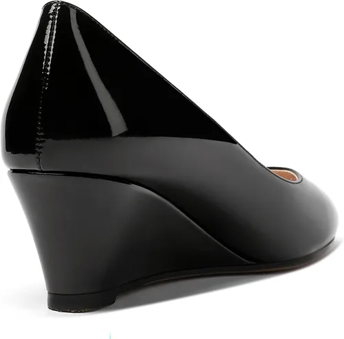 Vista 5 de MERRORI Zapatos de tacón bajo para mujer, con punta redonda, de charol sólido, de 2 pulgadas