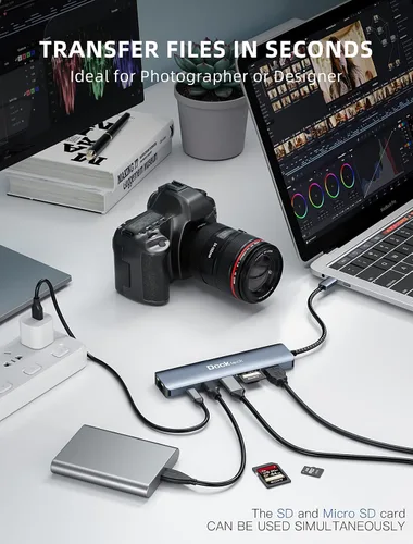 Vista 6 de dockteck Hub USB C 7 en 1 con HDMI 4K 60Hz, Ethernet de 1 Gbps, entrega de energía de 100 W, ranuras para tarjetas SD/TF, puertos de datos USB 3.0