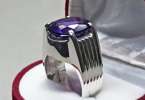 Vista 6 de Oval Cut 12 Carat Deep Purple Amethyst Mens Plain Ring Sterling Silver 925 Handmade Amethyst Ring Gift for Him