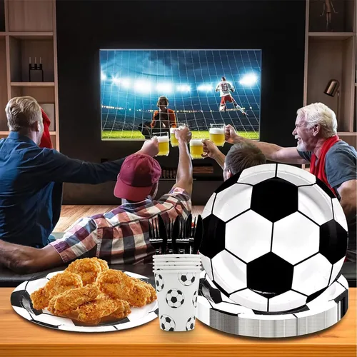 Vista 5 de Juego de vajilla de 144 piezas para fiesta de fútbol, para 24 invitados, incluye platos de papel, servilletas, tazas, cuchillos, tenedores