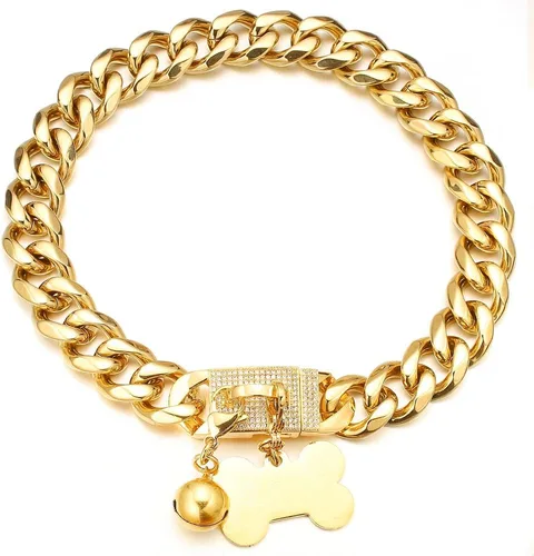 Vista 7 de Collar de cadena de perro resistente, de acero inoxidable con oro de 18 quilates, collar de ahorque, con hebilla de seguridad de diamantes
