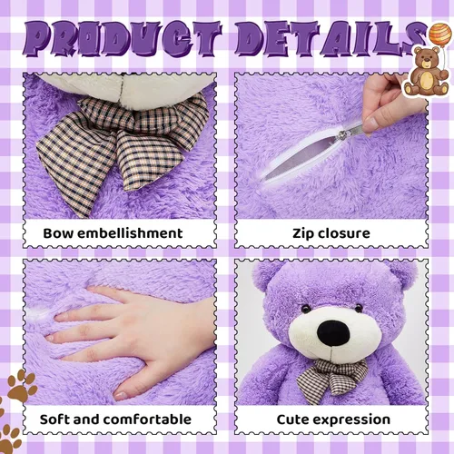 Vista 3 de Meooeck - Oso de peluche grande y grande, bonito regalo de felpa para novia, esposa, amante, aniversario de cumpleaños (lazo, 4 pies, morado)