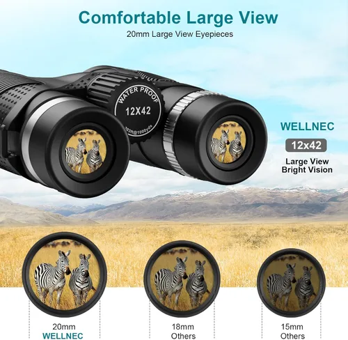 Vista 2 de Prismáticos para adultos, caza y observación de aves – WELLNEC 12 x 42 HD 367/1000 yardas, prismáticos de alta potencia con prismas BaK4 Pro Birding