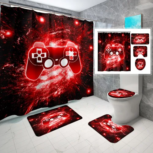 Vista 8 de BATATADOCE Juego de baño Gaming con cortina de ducha y alfombras para niños
