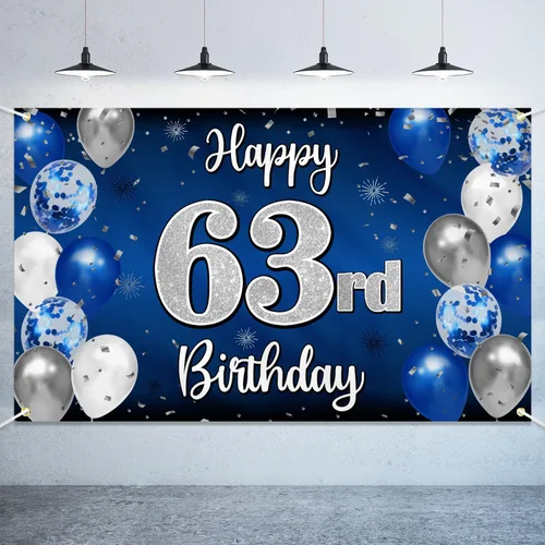 Vista 46 de Decoración de feliz cumpleaños número 100, globo azul y plateado grande cartel de fondo de cumpleaños de 100 años - Suministros para fiesta