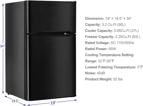 Vista 7 de Mini refrigerador con congelador, refrigerador compacto de 3.2 pies cúbicos, refrigerador de doble puerta con temperatura ajustable y estantes