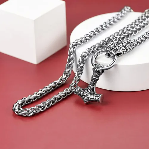 Vista 8 de FaithHeart Collar punk nórdico vikingo para hombre, collar grueso, acero inoxidable, Mjolnirnudo celta, cabeza de lobo, colgante de amuleto, joyería